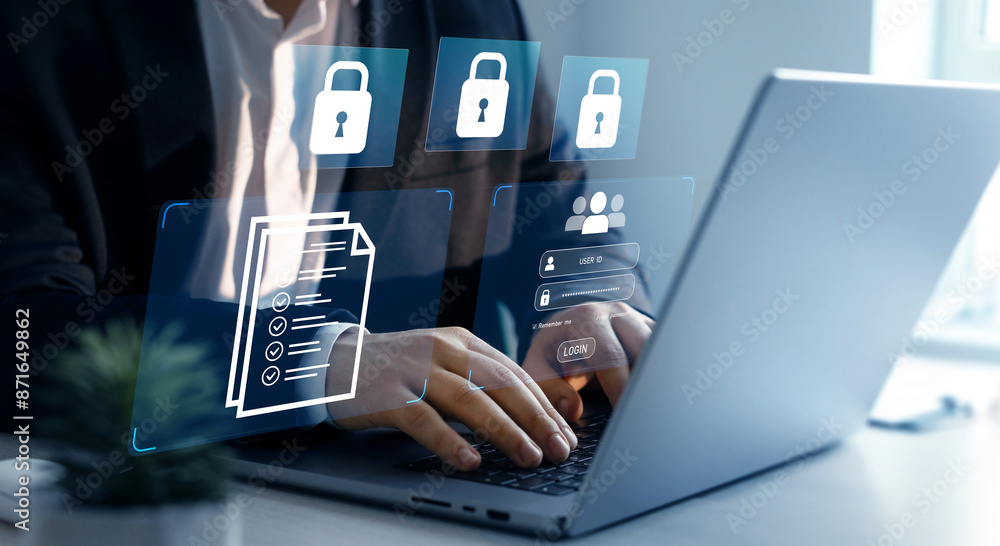 Poster cyber security protection concept. protecting herself from cyber attacks and personal data.