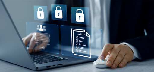 Cyber security protection concept. Protecting herself from cyber attacks and personal data.
