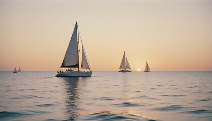 Fototapeta premium sailboat cruises at sunset in calm ocean water, copy space for text 
