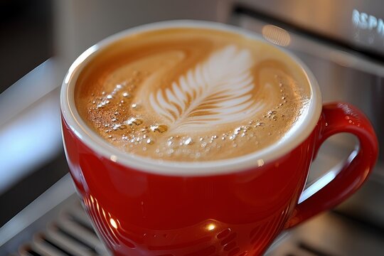 Close up of a cappuccino in a red cup capturing the intricate latte art and rich texture of the coffee in a vibrant and inviting cafe setting