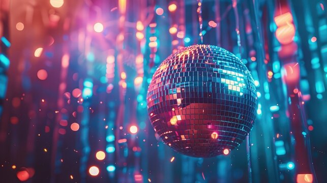 Shimmering mirror ball and vibrant lights, lively dance party atmosphere