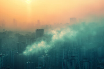 Fototapeta premium Hot weather, pollution covers the city