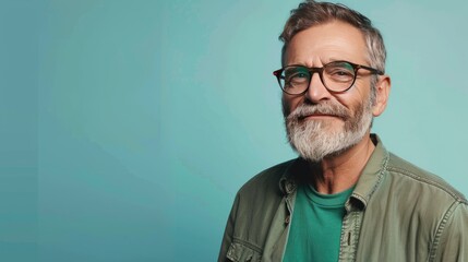 Smiling mature businessman with fashionable eyewear and green shirt, looking aside with determination