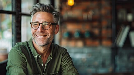 Fototapeta premium Smiling mature businessman with stylish eyewear and green shirt, looking aside with a positive attitude