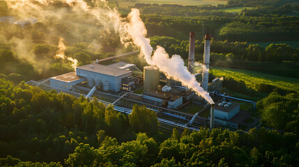 A biomass power plant with steam rising from its chimneys surrounded by greenery.