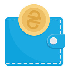 Blue wallet and gold coin with ukrainian symbol hryvnia on it. Vector icon isolated on white background. Flat design, EPS10