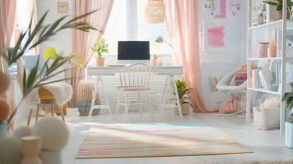 A bright home office with a white desk and pastel decor.