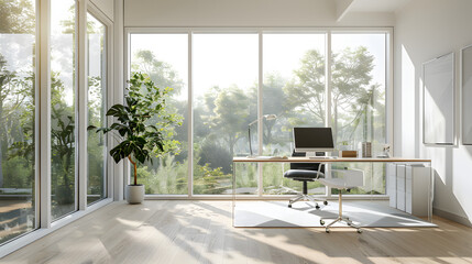 A bright home office with floor-to-ceiling windows and a minimalist desk.
