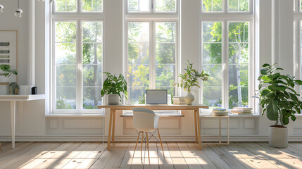 A bright home office with floor-to-ceiling windows and a minimalist desk.