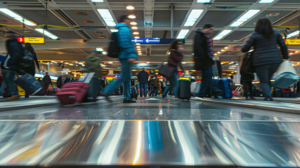 A bustling baggage claim area with passengers retrieving luggage.
