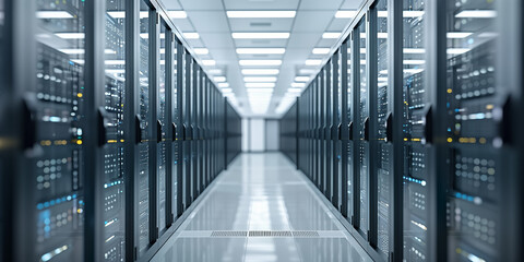 Modern data center with illuminated servers and bright ambient lighting, perfect for technology, cloud computing, data storage, and background themes.