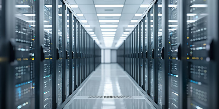 Modern data center with illuminated servers and bright ambient lighting, perfect for technology, cloud computing, data storage, and background themes.