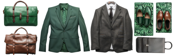Business office Attire Composition with Suit Jacket, Tie, Dress Shoes, and Briefcase cut out dicut PNG on transparent
