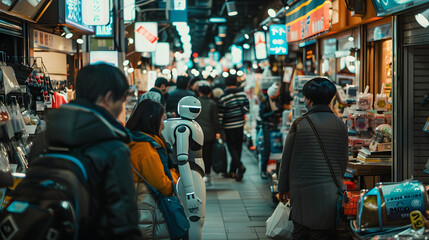 A bustling market with robots assisting customers.