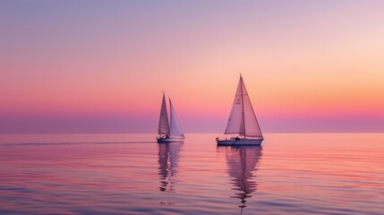 Calm sea and pink gradient sky with sailboats on the horizon. Beautiful seascape with sailboats during sunrise or sunset.