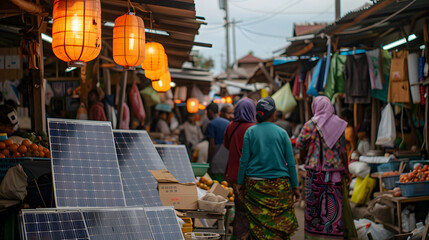 A bustling market with stalls powered by portable solar panels.