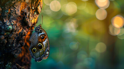 A butterfly emerging from its chrysalis on a tree branch in a vibrant forest.
