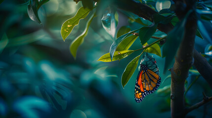 A butterfly emerging from its chrysalis on a tree branch in a vibrant forest.
