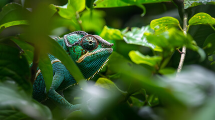A chameleon blending into the foliage of a dense forest changing colors to match its surroundings.