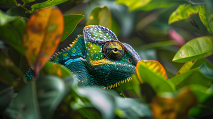 A chameleon blending into the foliage of a dense forest changing colors to match its surroundings.