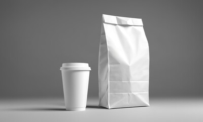 White paper bag and coffee cup on gray background