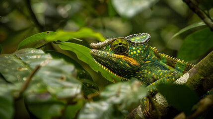 A chameleon blending into the foliage of a dense forest changing colors to match its surroundings.