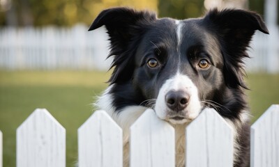 Fototapeta premium Border Collie peeking over white picket fence
