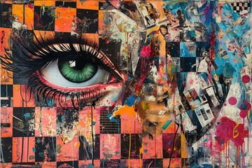 Abstract collage with a green eye, vibrant colors, and bold textures, fragmented geometric shapes