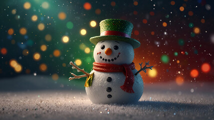 Fototapeta premium Cute snowman wear a hat and colorful bokeh background.5000x2807 px.