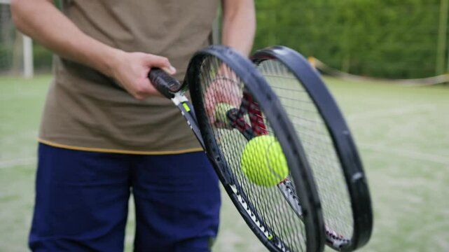 Skillfull Tennis Player Doing Tricks With Two Rackets 