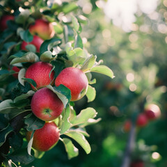 Obraz premium lifestyle photo Red apples on tree ready to be harvested. Ripe fruits in apple orchard.