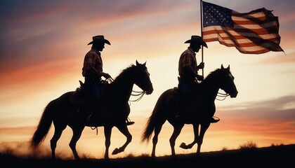 silhouette of a cowboy on a horse holding an American flag, dramatic sunset colors painting the sky with warm hues
