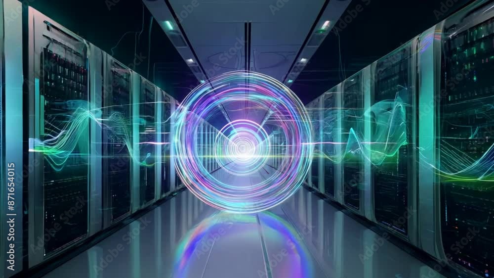 Poster  Digital lines and nodes illuminated with vibrant colors produce a mesmerizing symphony of light and technology in a futuristic data center.