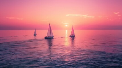Calm sea and pink gradient sky with sailboats on the horizon. Beautiful seascape with sailboats during sunrise or sunset.