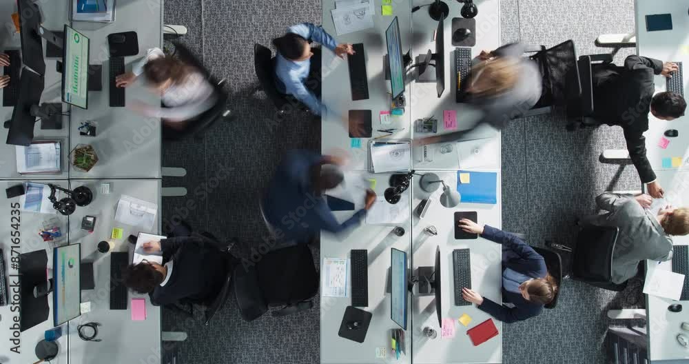 Aufkleber timelapse top down view of diverse male and female colleagues working on desktop computers in the co