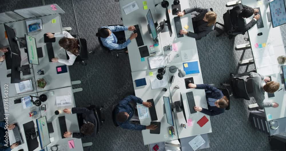 Aufkleber Top Down View of Diverse Team Working on Desktop Computers in a Corporate Office. Collaborative Environment With Constant Activity, Discussions, and Document Sharing, Creating an Efficient Workspace.