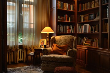 A cozy reading nook with a comfortable armchair, floor lamp, and built-in bookcases.