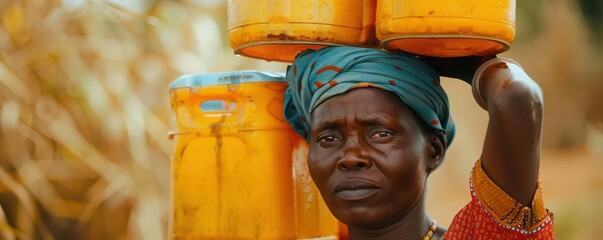 Woman carrying water containers on her head, water scarcity, community effort