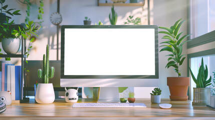 There is a computer monitor with a keyboard and mouse on the table. A mockup of a computer monitor surrounded by various green plants in a cozy room