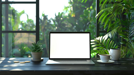 Fototapeta premium There is an open laptop on the desk with green plants, cookies and a cup of tea. Laptop mockup in the green greenhouse. Eco friendly