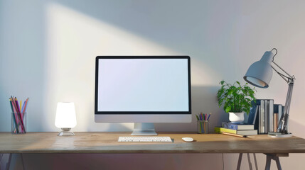 A computer desk with a monitor, keyboard, mouse and lamp. A mockup of a cool stylish computer monitor