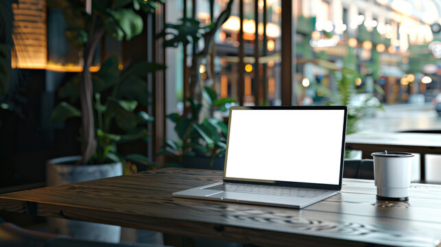 There is an open laptop with a cup of coffee on a wooden table in the cafe. Laptop mockup in a stylish cafe with large windows and green plants