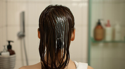 Fototapeta premium Woman with cosmetic hair mask in bathroom