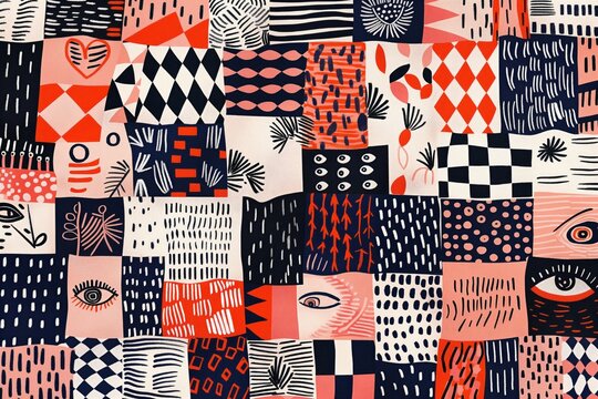 Vivid abstract quilt pattern with colorful, intricate geometric shapes
