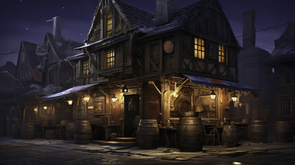 tavern, city, night, magic, mystery, humming  Fantasy wallpaper, rpg  landscape