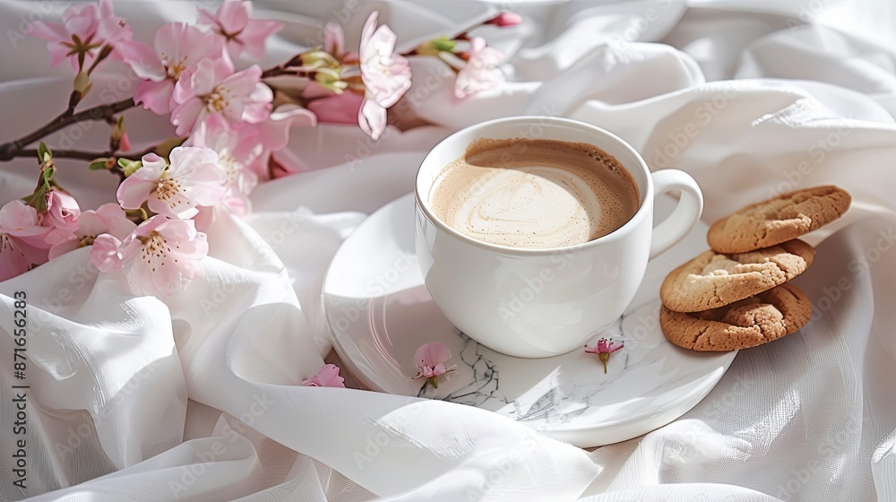 Poster A white cup with a cookie on top of it