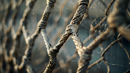 A close-up of a football goal post with net capturing the texture.