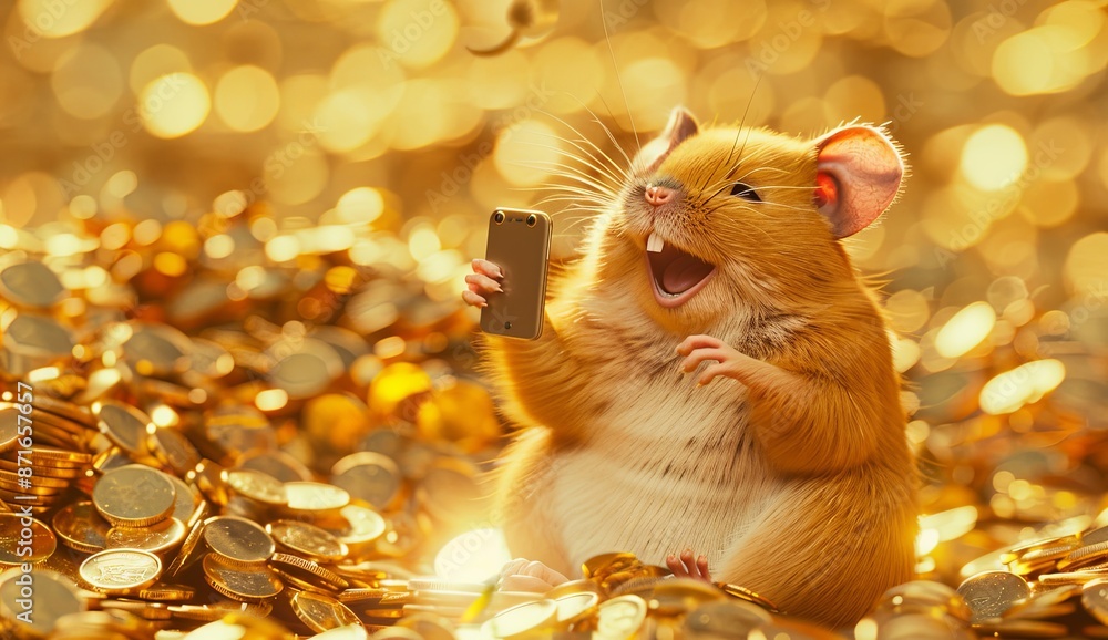 Wall mural A hamster is holding a cell phone in its mouth while sitting on a pile of gold c - Wall murals