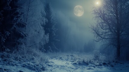 A frosty path winds through a snowy forest under the darkness of night, A mystical forest covered in powdery snow, under the moonlight, AI Generated