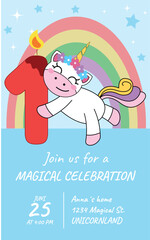 Birthday invitation with unicorn, rainbow, number 1 and candle on a blue background. Invitation card for a girl's or boy's birthday